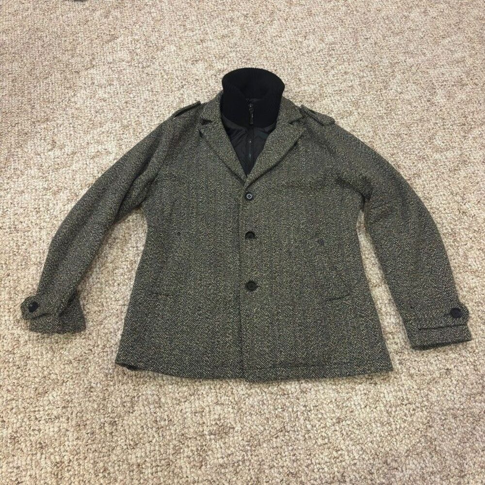 No Excess Herringbone Tweed Coat Men's L Quilted Lined Removable Dickey